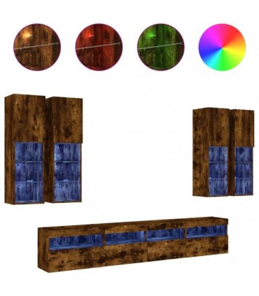 vidaXL 7 Piece TV Wall Cabinet Set with LED Lights Smoked Oak