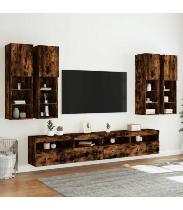 vidaXL 7 Piece TV Wall Cabinet Set with LED Lights Smoked Oak