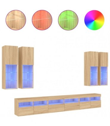 vidaXL 7 Piece TV Wall Cabinet Set with LED Lights Sonoma Oak