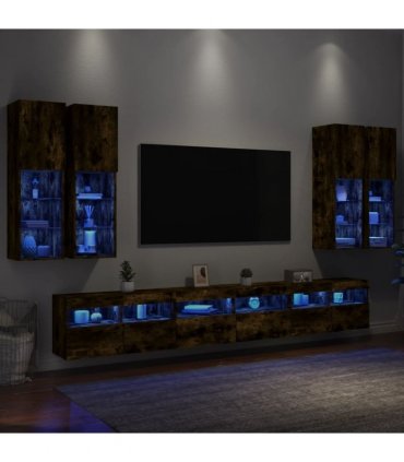 vidaXL 7 Piece TV Wall Cabinet Set with LED Lights Smoked Oak
