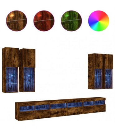 vidaXL 7 Piece TV Wall Cabinet Set with LED Lights Smoked Oak