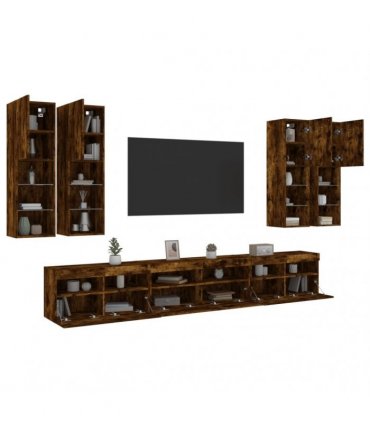 vidaXL 7 Piece TV Wall Cabinet Set with LED Lights Smoked Oak