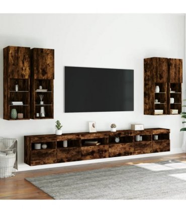 vidaXL 7 Piece TV Wall Cabinet Set with LED Lights Smoked Oak