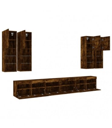 vidaXL 7 Piece TV Wall Cabinet Set with LED Lights Smoked Oak