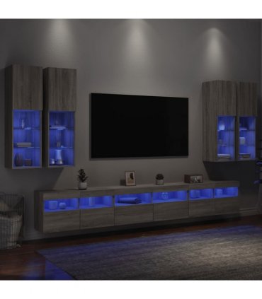 vidaXL 7 Piece TV Wall Cabinet Set with LED Lights Grey Sonoma