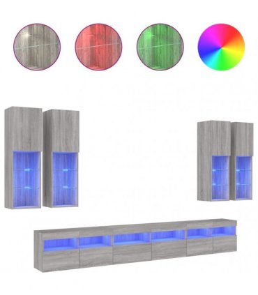 vidaXL 7 Piece TV Wall Cabinet Set with LED Lights Grey Sonoma