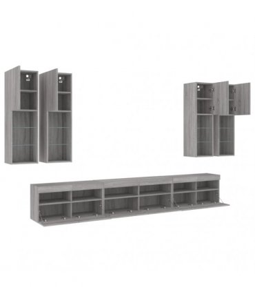 vidaXL 7 Piece TV Wall Cabinet Set with LED Lights Grey Sonoma