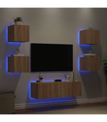 vidaXL 5 Piece TV Wall Cabinets with LED Lights Sonoma Oak