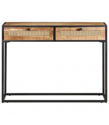 vidaXL Console Table 100x35x75 cm Rough Mango Wood and Natural Cane