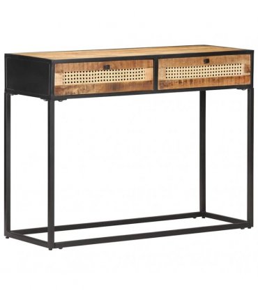 vidaXL Console Table 100x35x75 cm Rough Mango Wood and Natural Cane