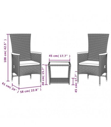 vidaXL 3 Piece Garden Dining Set with Cushions Grey Poly Rattan