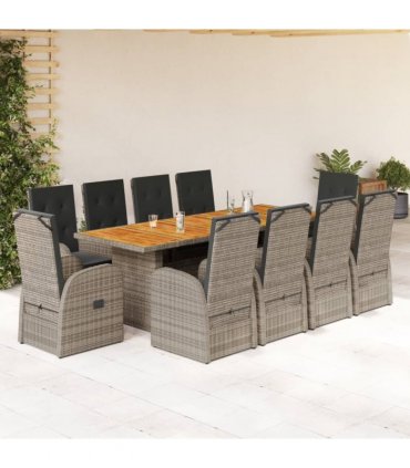 vidaXL 11 Piece Garden Dining Set with Cushions Grey Poly Rattan
