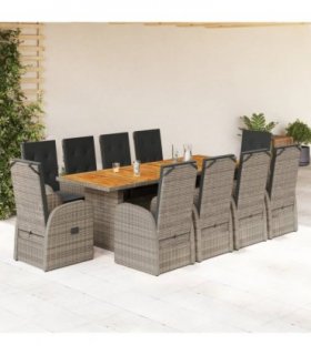 vidaXL 11 Piece Garden Dining Set with Cushions Grey Poly Rattan