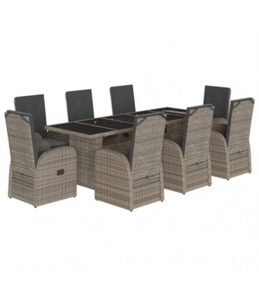 vidaXL 9 Piece Garden Dining Set with Cushions Grey Poly Rattan