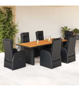 vidaXL 7 Piece Garden Dining Set with Cushions Black Poly Rattan