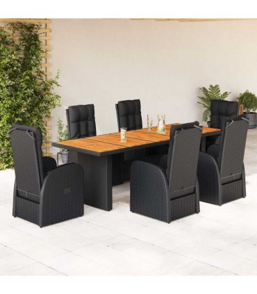 vidaXL 7 Piece Garden Dining Set with Cushions Black Poly Rattan