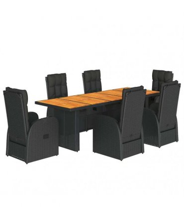 vidaXL 7 Piece Garden Dining Set with Cushions Black Poly Rattan