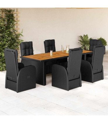 vidaXL 7 Piece Garden Dining Set with Cushions Black Poly Rattan