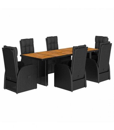 vidaXL 7 Piece Garden Dining Set with Cushions Black Poly Rattan