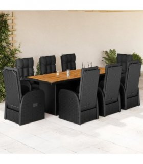 vidaXL 9 Piece Garden Dining Set with Cushions Black Poly Rattan