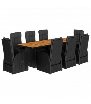 vidaXL 9 Piece Garden Dining Set with Cushions Black Poly Rattan