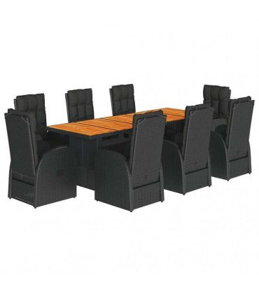 vidaXL 9 Piece Garden Dining Set with Cushions Black Poly Rattan
