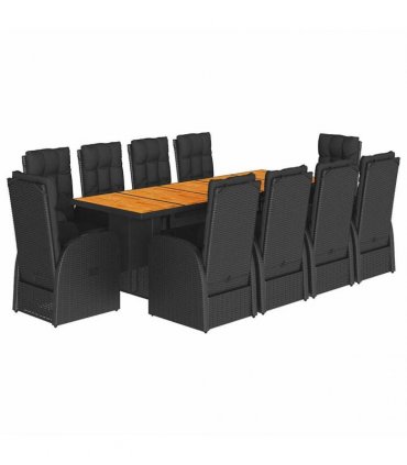 vidaXL 11 Piece Garden Dining Set with Cushions Black Poly Rattan