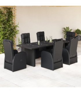 vidaXL 7 Piece Garden Dining Set with Cushions Black Poly Rattan