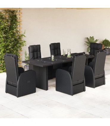 vidaXL 7 Piece Garden Dining Set with Cushions Black Poly Rattan