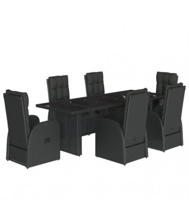 vidaXL 7 Piece Garden Dining Set with Cushions Black Poly Rattan