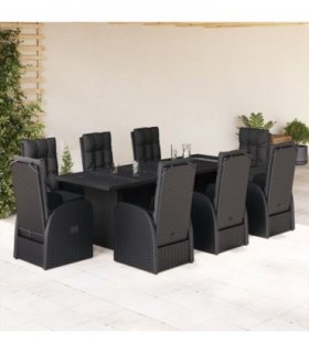 vidaXL 9 Piece Garden Dining Set with Cushions Black Poly Rattan