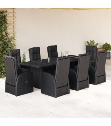 vidaXL 9 Piece Garden Dining Set with Cushions Black Poly Rattan