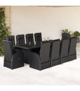 vidaXL 11 Piece Garden Dining Set with Cushions Black Poly Rattan