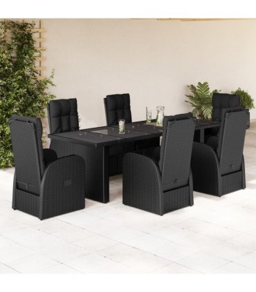 vidaXL 7 Piece Garden Dining Set with Cushions Black Poly Rattan