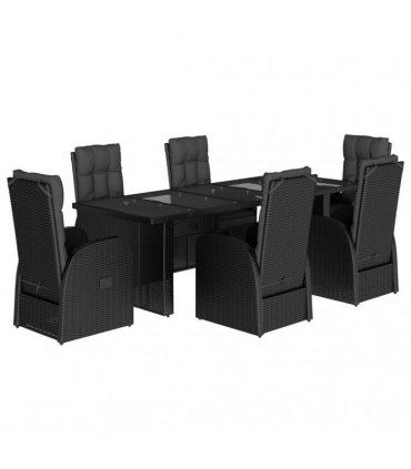 vidaXL 7 Piece Garden Dining Set with Cushions Black Poly Rattan