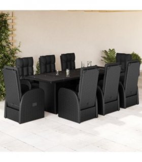 vidaXL 9 Piece Garden Dining Set with Cushions Black Poly Rattan