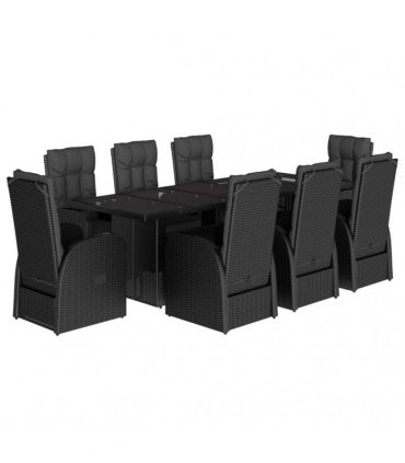 vidaXL 9 Piece Garden Dining Set with Cushions Black Poly Rattan