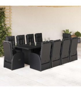 vidaXL 11 Piece Garden Dining Set with Cushions Black Poly Rattan