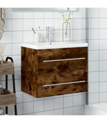 vidaXL Bathroom Sink Cabinet with Built-in Basin Smoked Oak