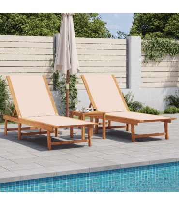 vidaXL Sun Loungers 2 pcs with Table Cream Solid Wood Acacia&Textilene