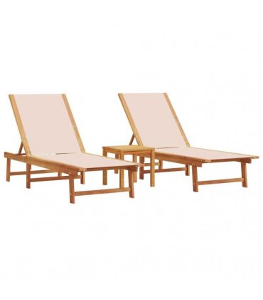 vidaXL Sun Loungers 2 pcs with Table Cream Solid Wood Acacia&Textilene