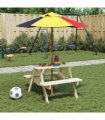 vidaXL Picnic Table for 4 Kids with Umbrella Solid Wood Fir