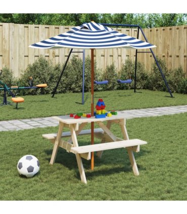 vidaXL Picnic Table for 4 Kids with Umbrella Solid Wood Fir