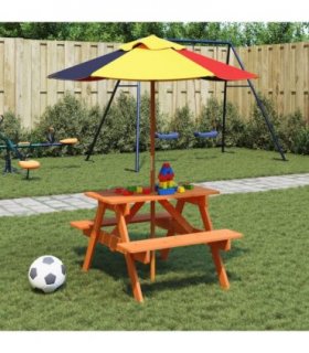 vidaXL Picnic Table for 4 Kids with Umbrella Solid Wood Fir