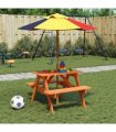 vidaXL Picnic Table for 4 Kids with Umbrella Solid Wood Fir