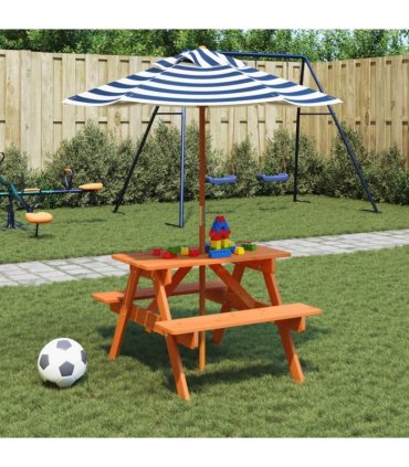 vidaXL Picnic Table for 4 Kids with Umbrella Solid Wood Fir