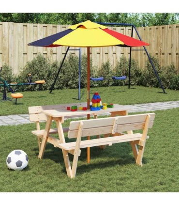 vidaXL Picnic Table for 4 Kids with Umbrella Solid Wood Fir
