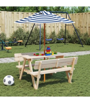 vidaXL Picnic Table for 4 Kids with Umbrella Solid Wood Fir