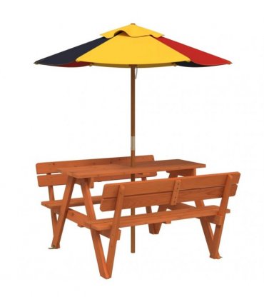 vidaXL Picnic Table for 4 Kids with Umbrella Solid Wood Fir