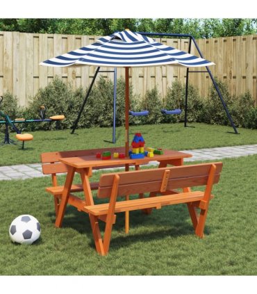 vidaXL Picnic Table for 4 Kids with Umbrella Solid Wood Fir